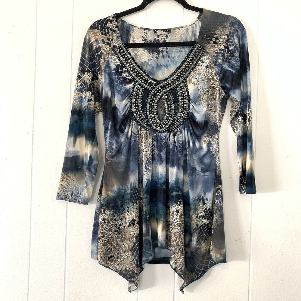 Vtg Venus Womens Medium Shirt Whimsy Fairy Goth Beaded Babydoll Asymmetric Y2K